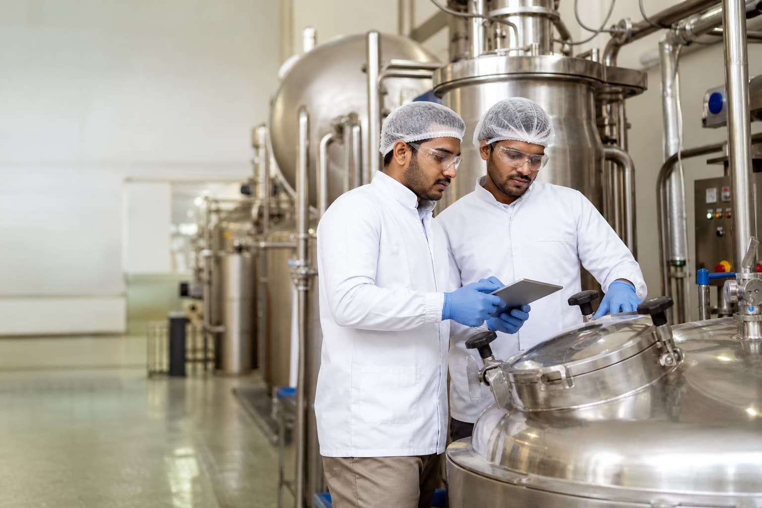 Production specialists reviewing controlled manufacturing equipment