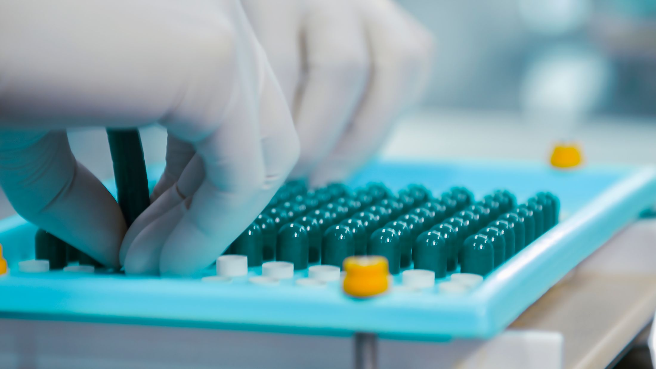 Gloved technician arranging capsules in a pharmaceutical production setting
